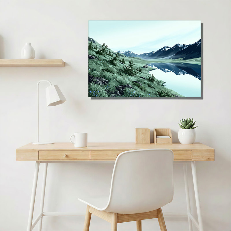 Toile murale représentant une chaîne de montagnes enneigées surplombant un lac bleu et une cabane, 36"H x 48"W