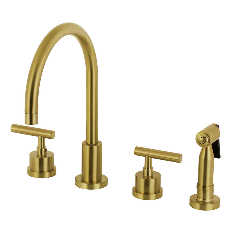 Kingston Brass Manhattan Double-Handle 4-Hole Widespread Kitchen Faucet with Brass Sprayer, Satin Brass