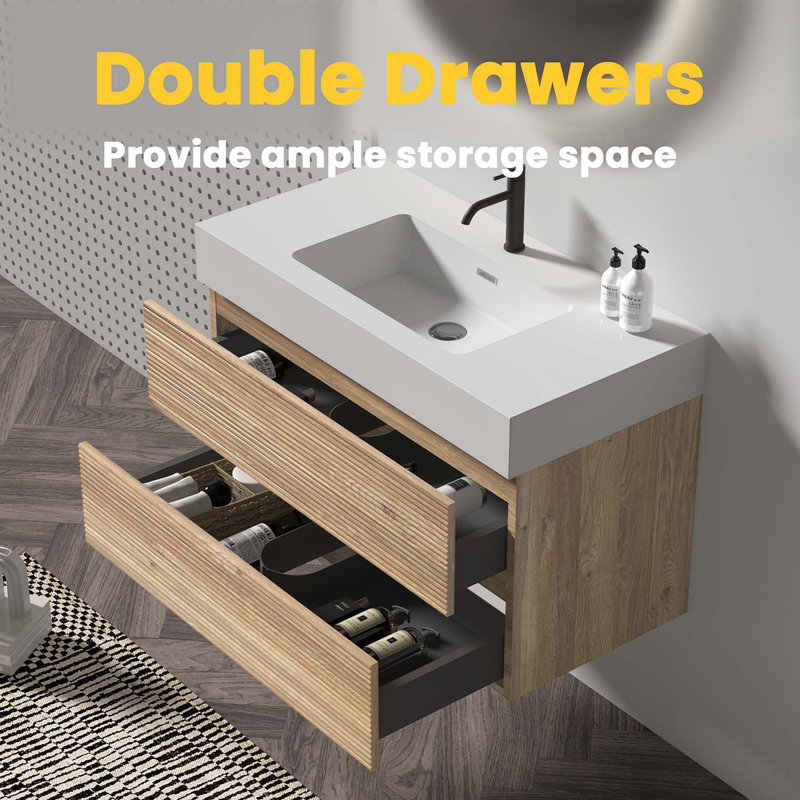 Meuble-lavabo de 36 po avec lavabo à quartz d'ingénierie et tiroirs souples, meuble-lavabo mural flottant pour salle de bain moderne, lavabo une pièce, KD