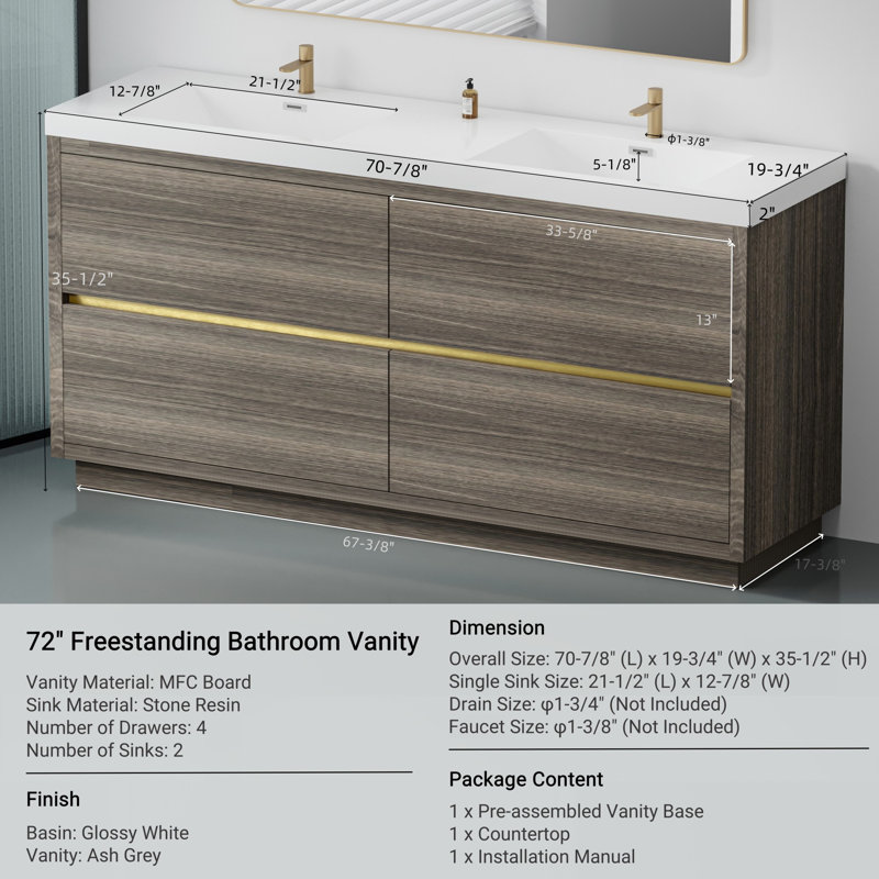 Meuble-lavabo autoportant avec lavabo et tiroir de rangement à fermeture en douceur