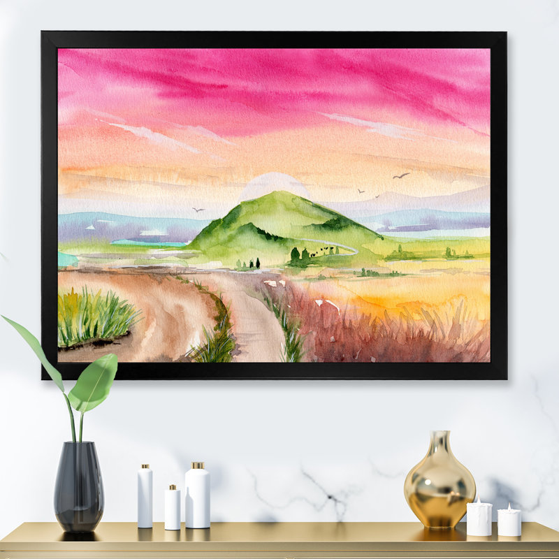 Paysage avec champ d'herbe et ciel rose - reproduction sur toile, H 24 po x l 32 po, Toile avec cadre de coin noir fermé