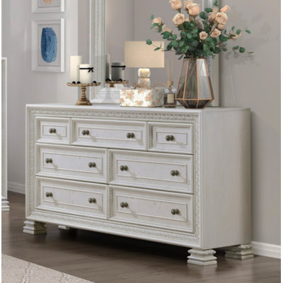 Classic Luxury Pearl White Finish Dresser of 7x Drawers Wooden Bedroom Furniture 1pc, Dart Molding Design