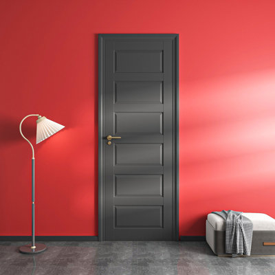 Porte coulissante intérieure 6 panneaux à noyau uni noir avec couche d'apprêt standard pour chambre à coucher, salon 28 po x 96 po