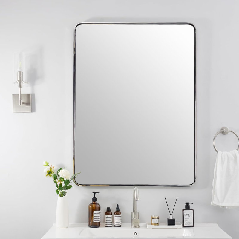 Miroir de salle de bain rectangulaire contemporain | Cadre épais en acier inoxydable, 40 po x 30 po, Nickel brossé