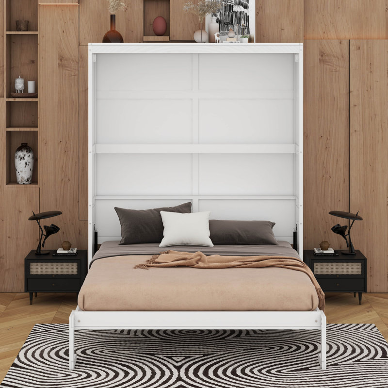 Lit escamotable mural avec tablettes Murphy, Blanc, Grand lit