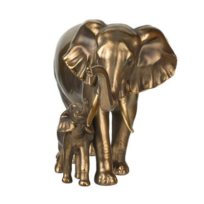 Mother And Baby Elephant Decorative Statue, 12 Inch Gold Bronze Polyresin