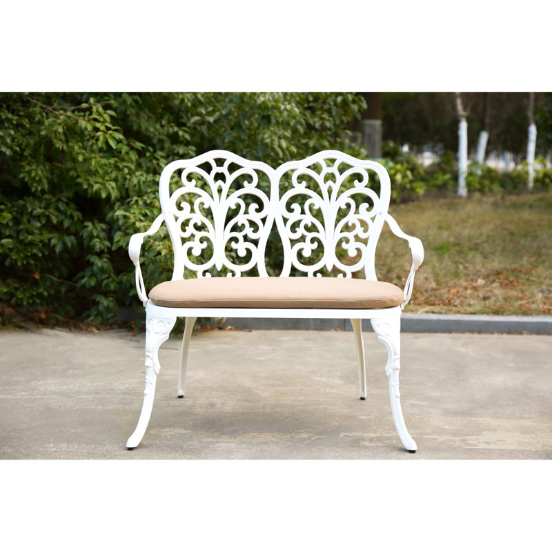 Banc blanc rembourré en métal et aluminium coulé avec rose floral, convient pour l'extérieur de patio, de pelouse et de jardin captivant