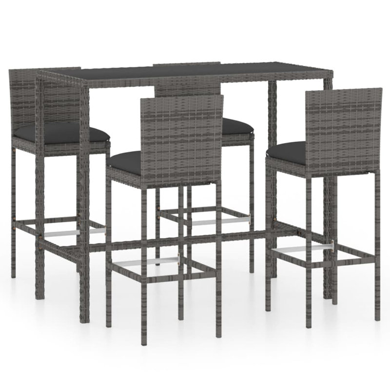 Table de bar et tabourets de patio avec coussins en rotin de poly, gris, Table d'une longueur de 27,6 po