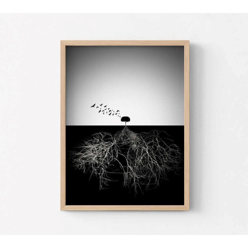 Racines et vol, art mural - Arbre monochrome avec oiseaux en vol, H 12 po x l 16 po, Ne s’applique pas, Ne s’applique pas