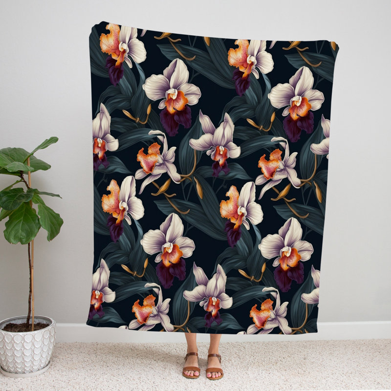 Throw Blanket, 68" W x 80" L, Floral/Abstract, Blue/Orange/Purple