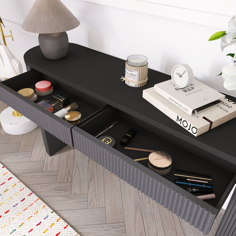 Console sophistiquée avec placage de pin et rayures verticales, Noir