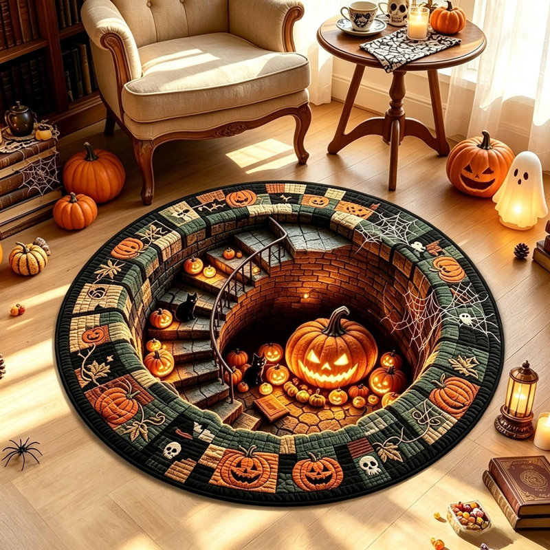 Halloween Decor Halloween Visual Deception Round Rug 2D Flat Printed Pumpkin Black Cats Ghost Abyss Decor Mat  Polyester Non Slide Floor Carpet For Halloween Home Decora