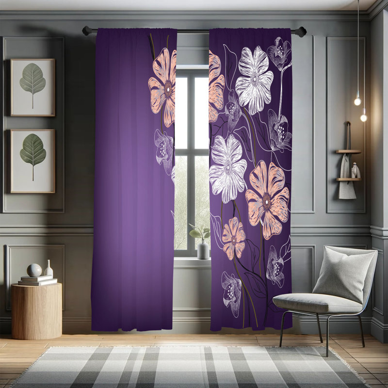 Winston Porter Art Curtains, Cherry Blossom Fantasy Garden, Violet White, 28" W x 63" L