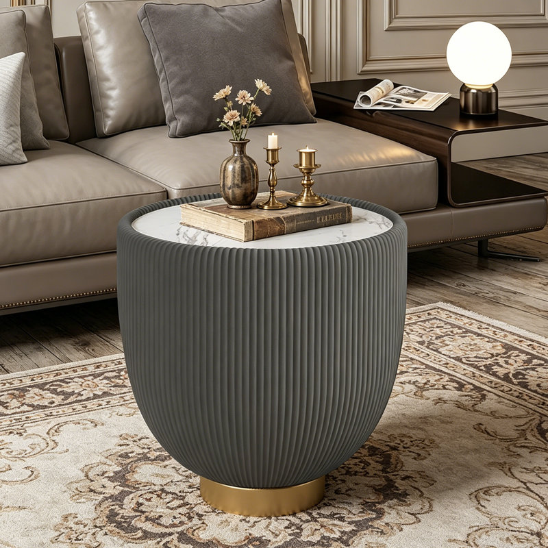 Modern Round Marble Pattern Tabletop Leather Edge Sofa End Table With Metal Base, Luxurious And Elegant For Home Decor Only one piece, a small grey item