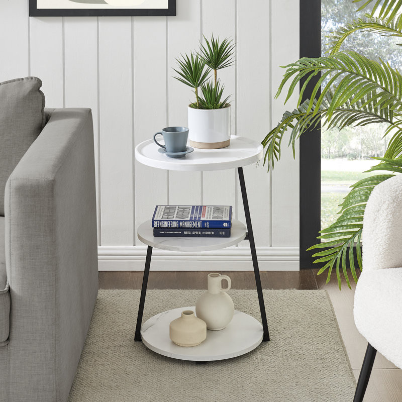 Jivan Round 3 Tier Accent End Table, White