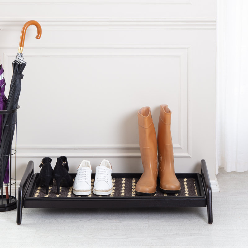Support à bottes en bois massif de qualité supérieure avec tapis en fibre de coco naturelle - Rangement pour chaussures, Noir
