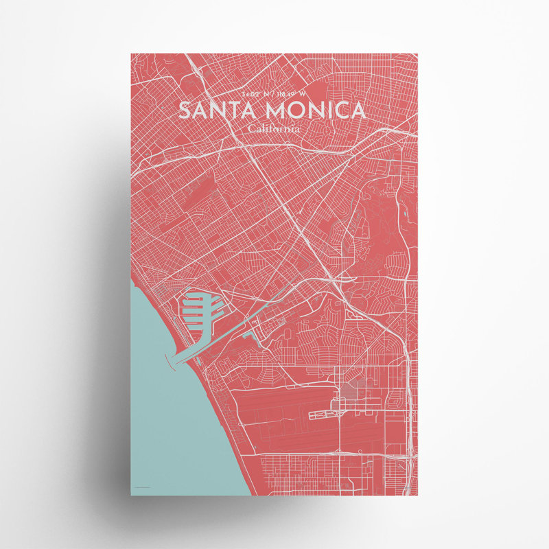 Santa Monica, carte de la ville, impression, H 17 po x l 11 po, Rose / bleu bébé