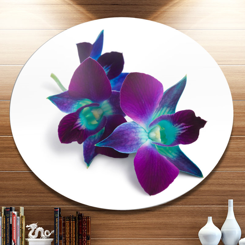 Deep Purple Orchid Flowers on White Metal Round Wall Art