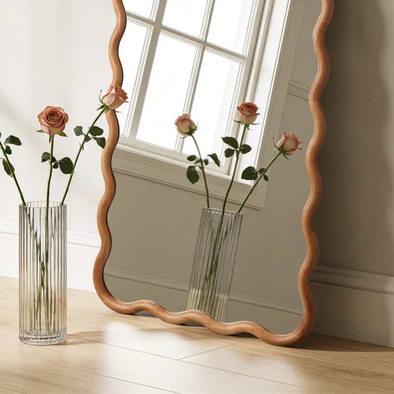 Wavy Solid Rubberwood Decorative Mirror, 65"x24", Rectangle