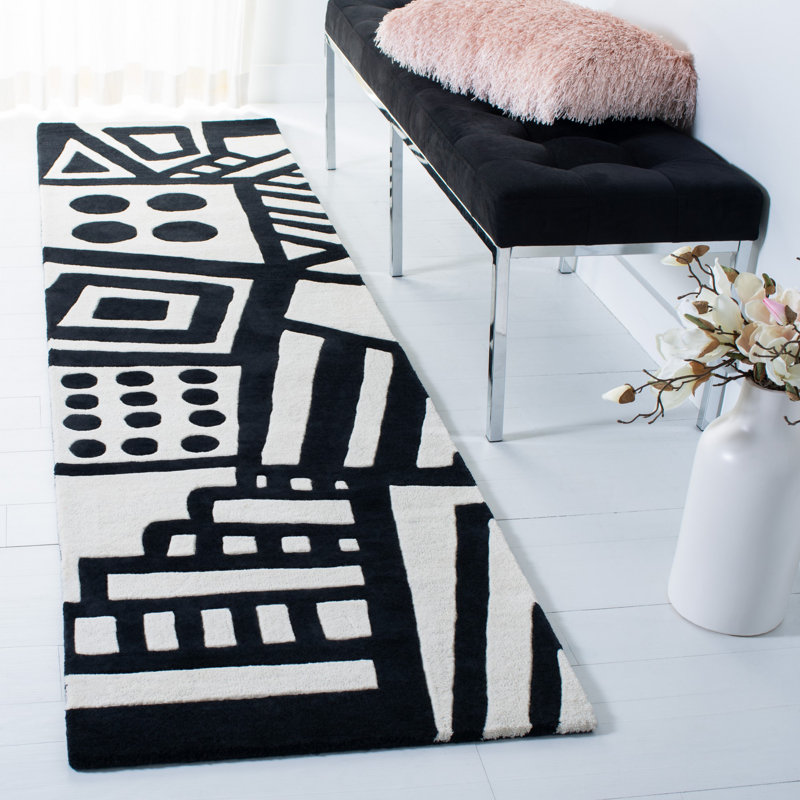 Tapis ivoire / noir en laine touffeté à la main Chehalis, Tapis de couloir 2 pi 3 po x 9 pi