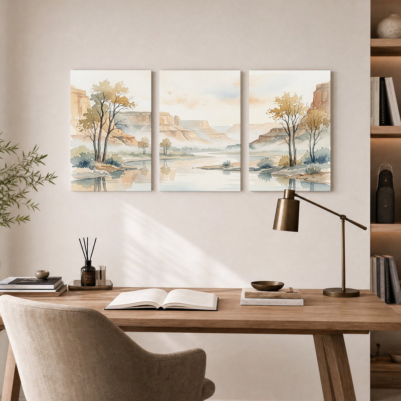Ensemble de 3 aquarelles sur toile représentant des arbres d'automne et un canyon., 24"H x 16"W x 3pcs