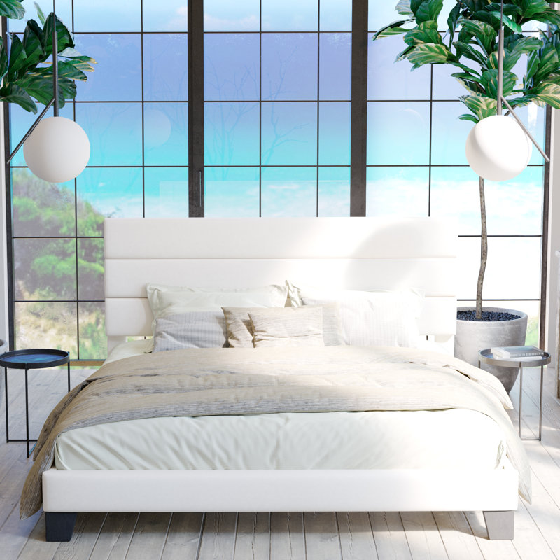 Lit plateforme Elison avec tête de lit tapissier en tissu et lattes en bois, Double, Blanc