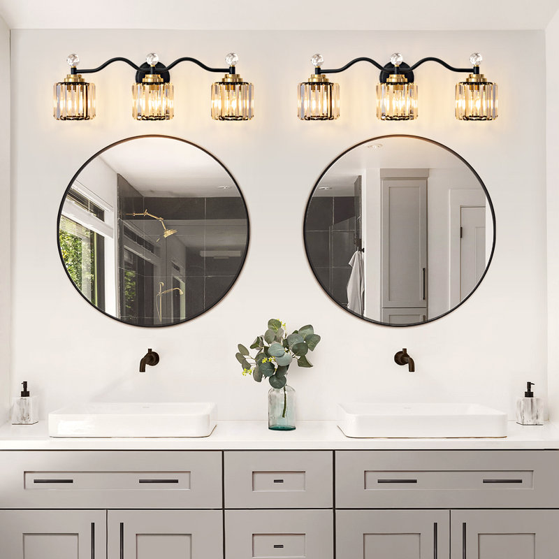 Emilion Dimmable Bathroom Vanity Light With Crystal Shade, 3 Lights, Matte Black/Gold