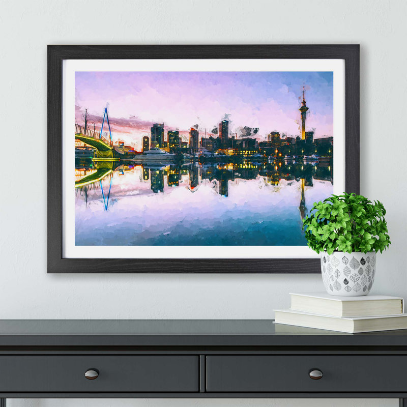 Auckland Skyline in New Zealand - Framed Print, 62cm H x 87cm W x 2cm D, Black