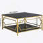 Table basse carrée en verre de 33,5 po, cadre géométrique luxueux, finition dorée et tablette inférieure
