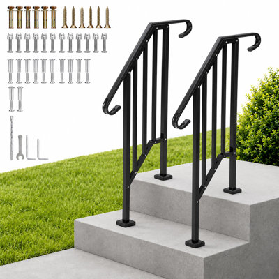 2-Pack Black Steel Handrails for Outdoor/Indoor Steps & Stairs, Heavy-Duty Stair Railing for Porch/Deck Entry - Weather-Resistant Finish - Secure Support - 3 Steps
