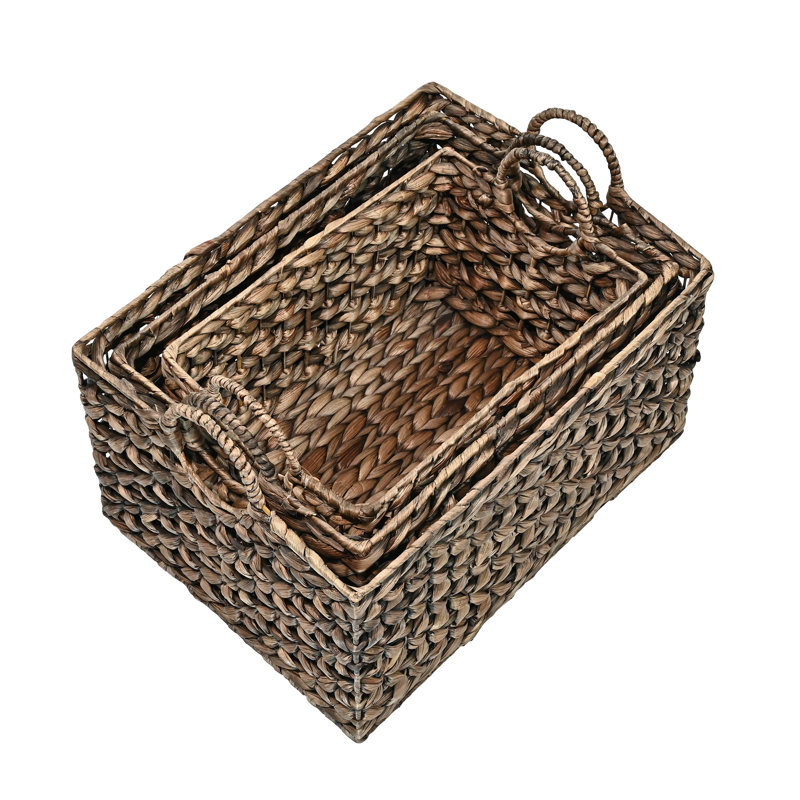 Paniers de rangement rectangulaires en jacinthe tissée avec poignées Burruss Bohemian Cottage (ensemble de 3), Brun
