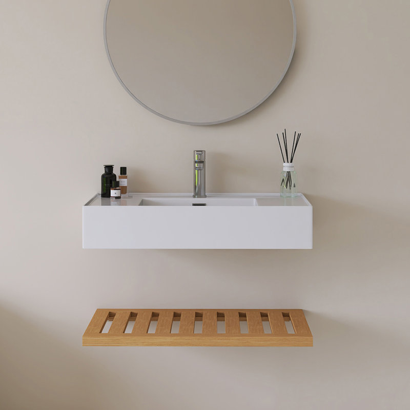 Meuble-lavabo mural simple 30 po en bois naturel avec plateau en acrylique blanc, 30"