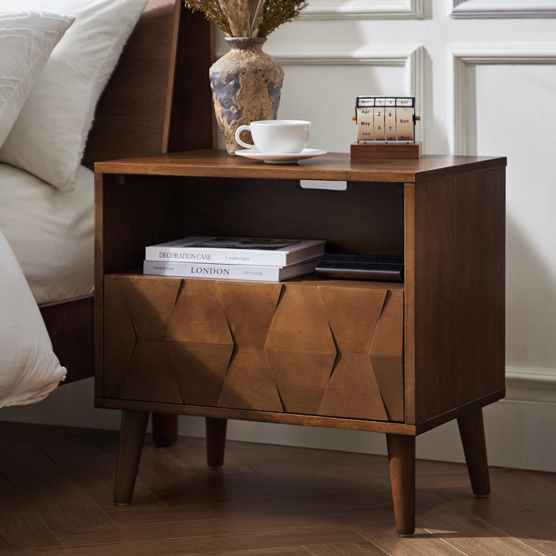 Isabele 24"W Mid-Century Modern Nightstand with Charging Station and Hidden Drawer, Walnut