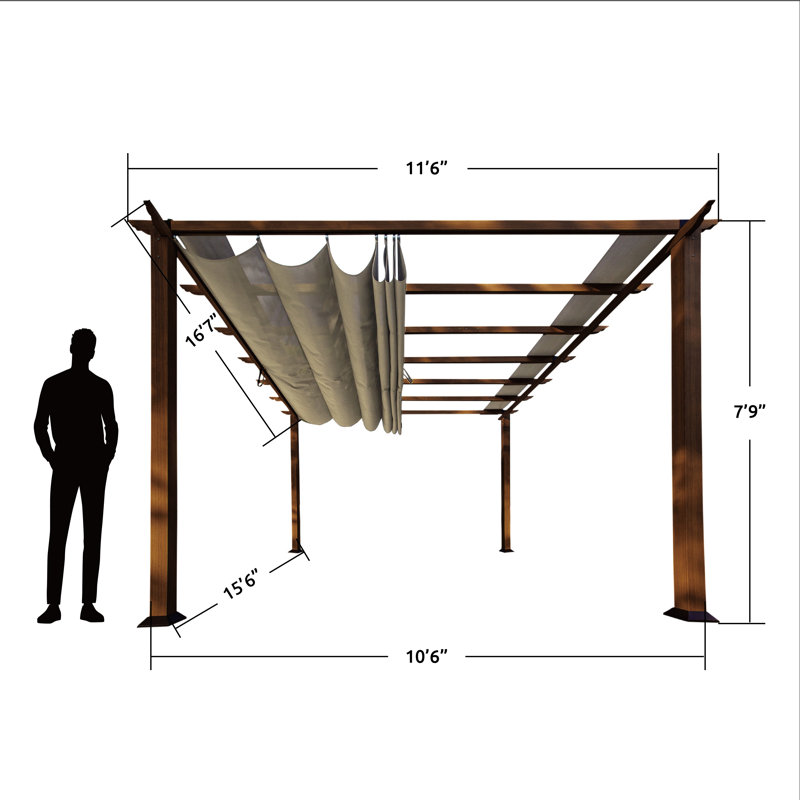 Florence 16' W x 11' D Wood Grain Aluminum Pergola in Chilean Ipe Finish with Adjustable Canopy, Sand
