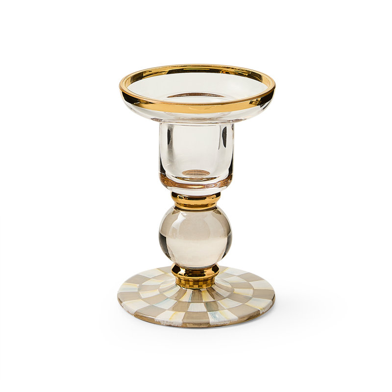 Sterling Check Small Glass Candlestick, 4.25" H x 2.75" W x 2.75" D