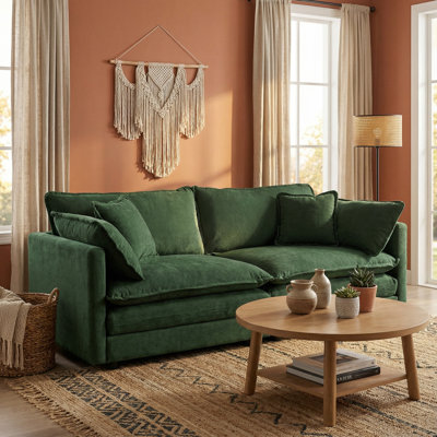 Canapé modulaire rembourré 3 places en chenille vert avec accoudoirs et coussins décoratifs pour le salon