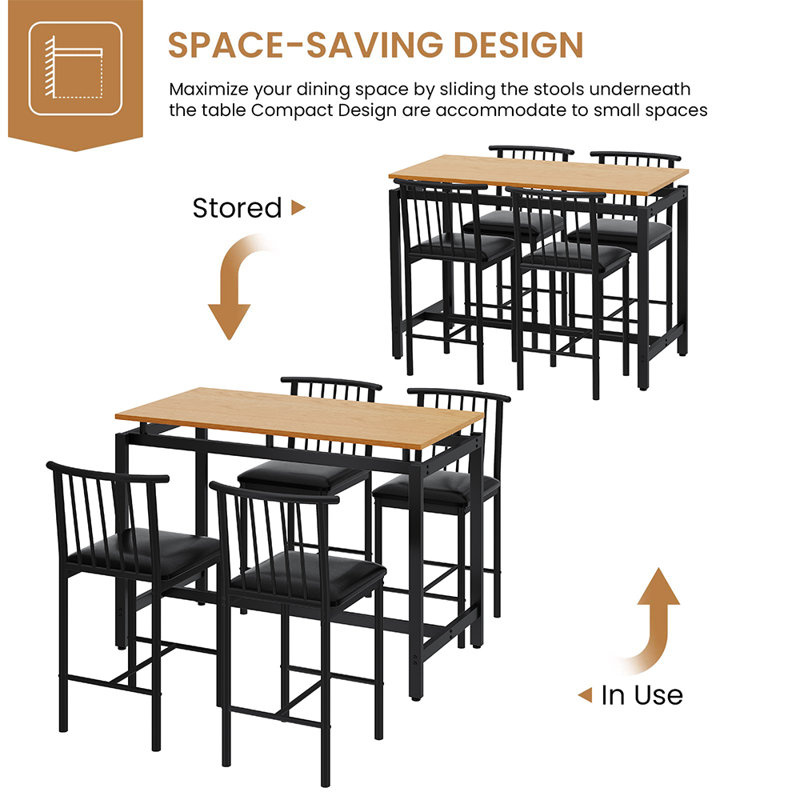 5 Pieces Dining Set, Industrial Counter Height Pub Bar Table Set, PU Stools With Backrest