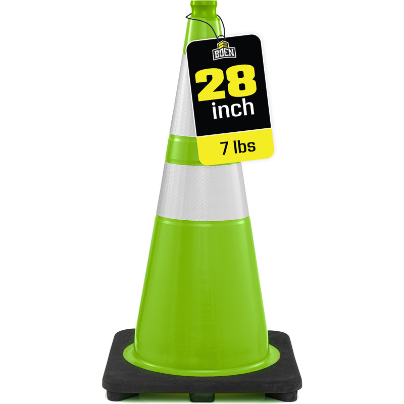 Cônes de signalisation Boen vert lime de 71 cm (28 po), paquet de 3, avec 2 colliers réfléchissants et une base de 3,2 kg (7 lb) pour travaux routiers, stationnement et signalisation.