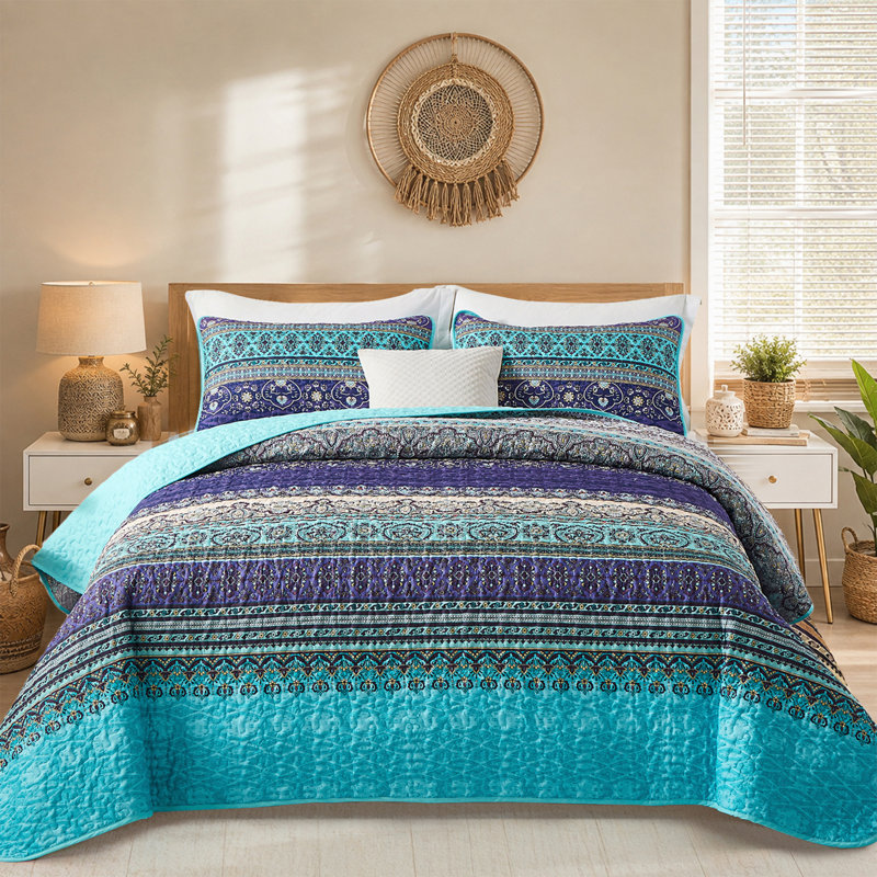Ensemble de 3 courtepointe Boho Bohemian, Courtepointe pour lit grand + deux taies décorati, Bleu / mauve