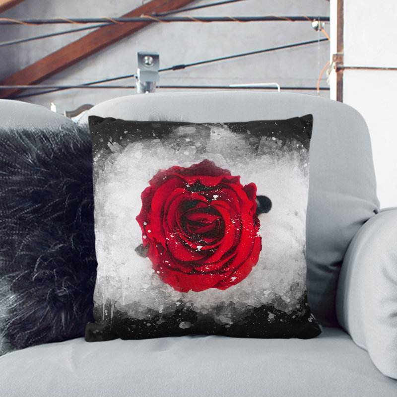 Rose in Bloom Paint Splash Cushion with Filling, Black, 55cm H x 55cm W x 20cm D
