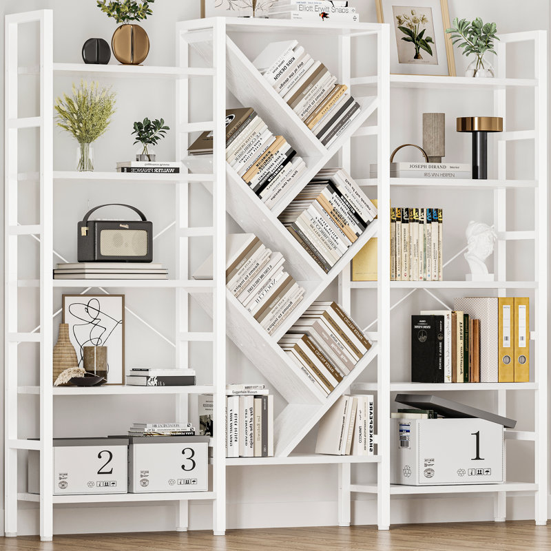 70.9"W x 70"H Etagere Bookcase, 5 Tier Bookshelf with 17 Open Display Shelves Modern Tree Book Shelf, White