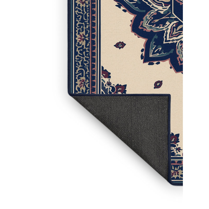 Soft Plush Ebbert Classic Oriental Area Rug in Gray – Navy Binding, 2x5