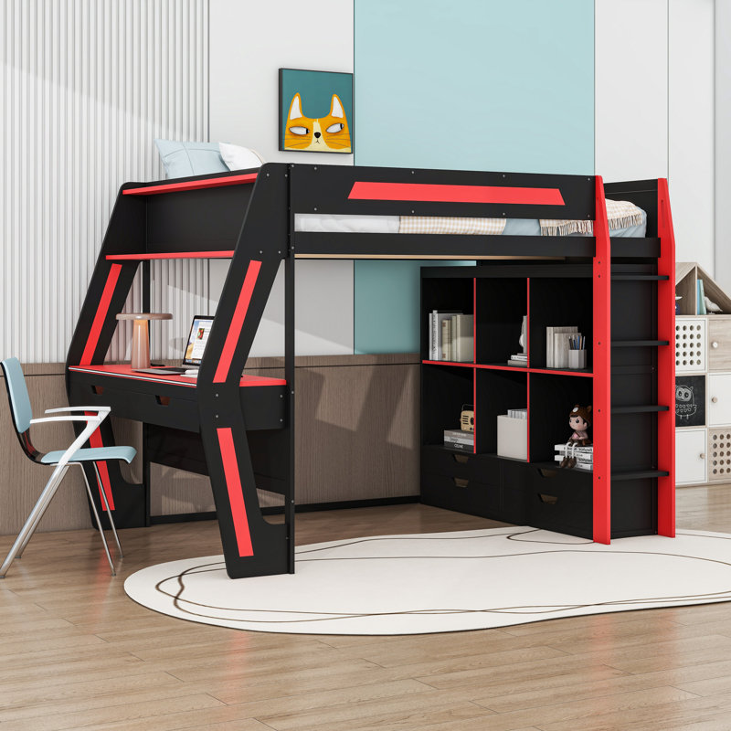 Lit mezzanine avec bureau, lumières DEL, ports de chargement USB, 6 casiers de rangement et 6 tiroirs, Black Red