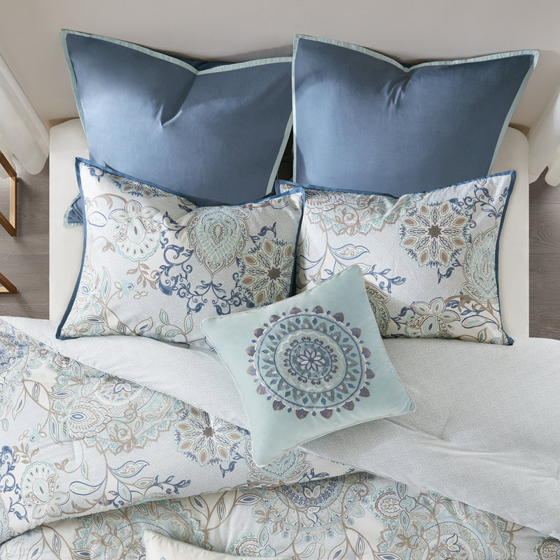 Isla 8 Piece Reversible Cotton Floral Comforter Set, King Comforter + 1 Bed Skirt + 2 Shams + 2 Euro Sh, Blue