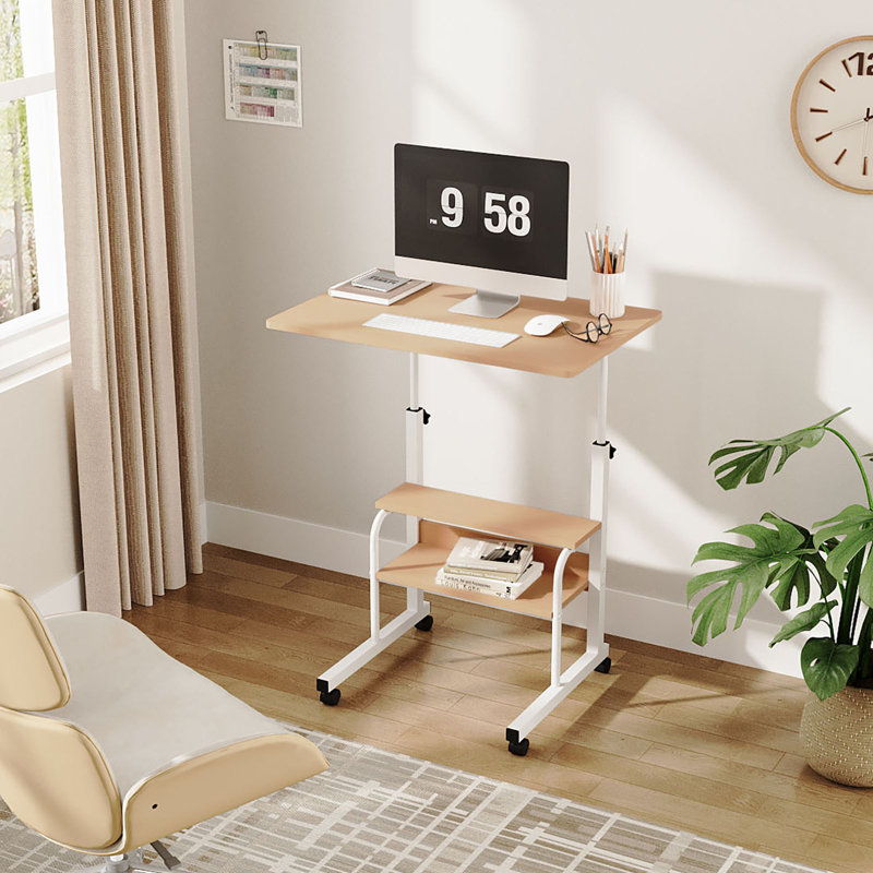 Adjustable Metal Base Computer Desk, Light Wood