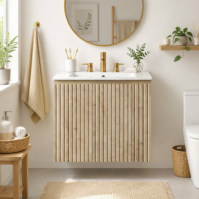 Meuble-lavabo mural de 61 cm (24 po) avec lavabo en céramique, armoire suspendue à 2 portes, tablette en U réglable, poignées dissimulées et rangement latéral ouvert