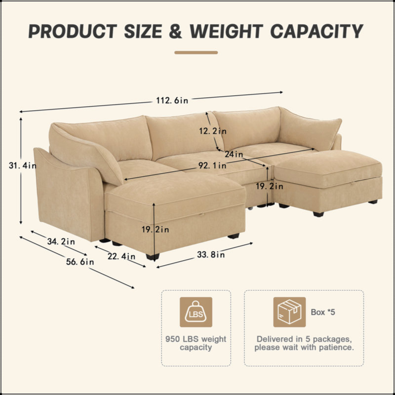Canapé à 3 places en U avec repose-pieds, canapé à 3 places avec 2 repose-pieds amovibles, accoudoirs en forme de croissant et coussins de dossier et d'accoudoirs enveloppants, canapé modulaire surdimensionné avec rangement