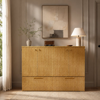 Full Size Murphy Chest Bed with Drawer and Charging Station, Wood Space-Saving Hidden Folding Beds Chest