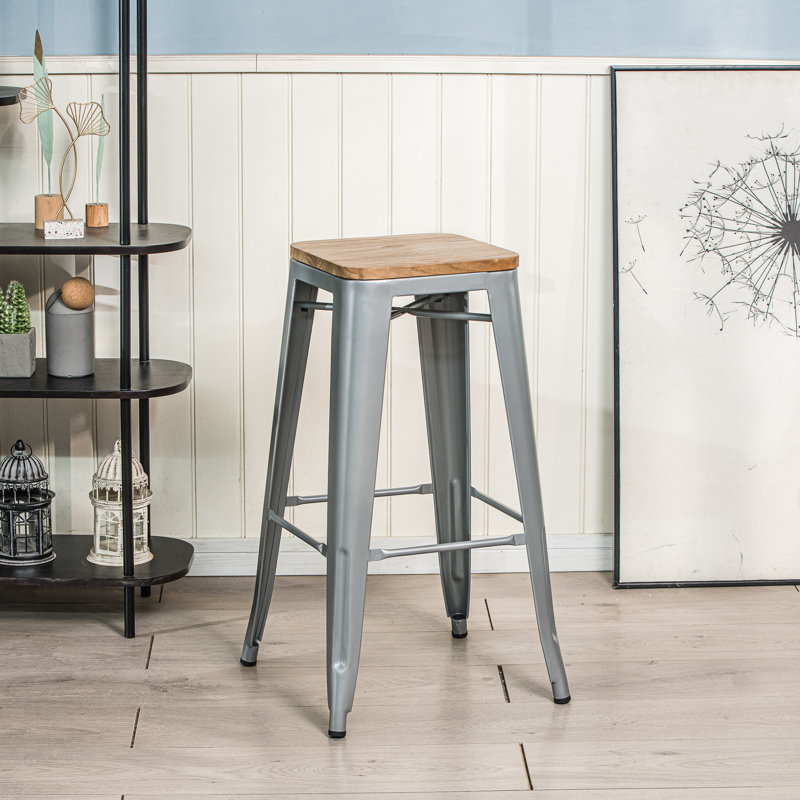 Ensemble de 4 tabourets de bar en métal et bois Christman, Gris naturel