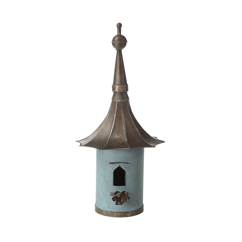 Aqua and Black Iron Freestanding Birdhouse with Flower Perch